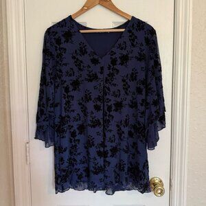 Bebonnie Blue Floral Women's Blouse Velvet Sheer Sleeve Large